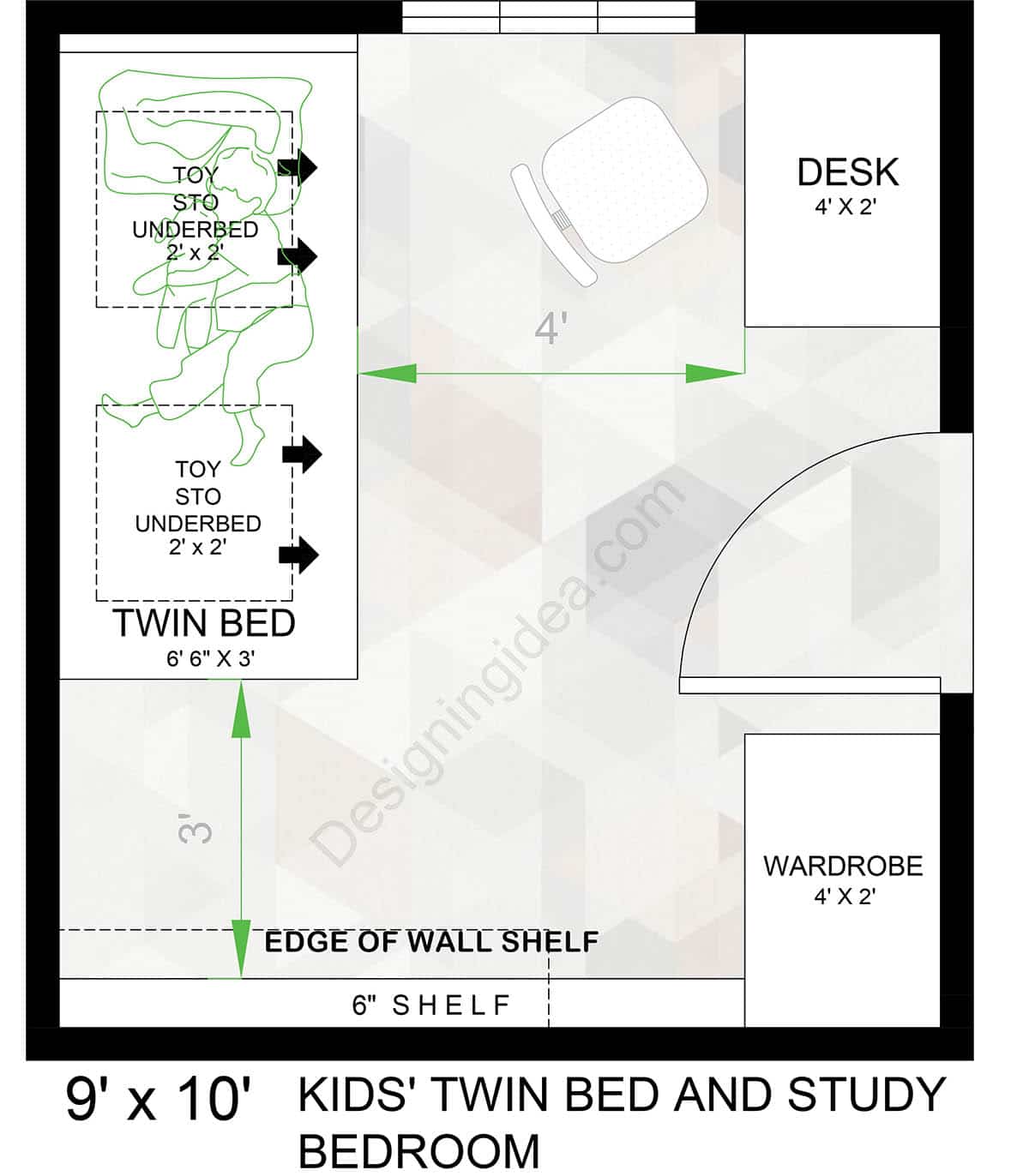 Kids' Bedroom With Twin Bed And Study Area Layout