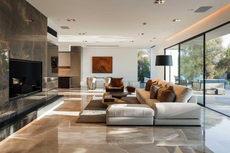 living room with groutless tile wall and flooring