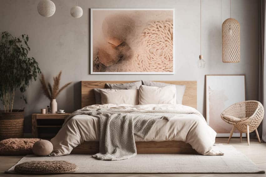 Modern light color bedroom with concrete walls and pendant lighting