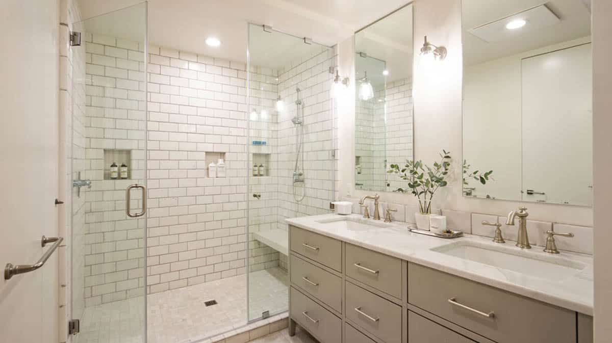 Porcelain tile in shower with beige vanity