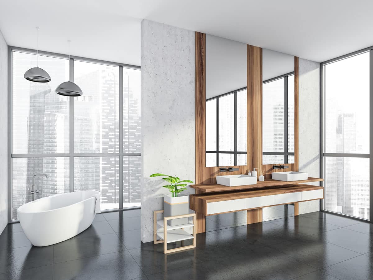 spacious bathroom with task lighting and tub
