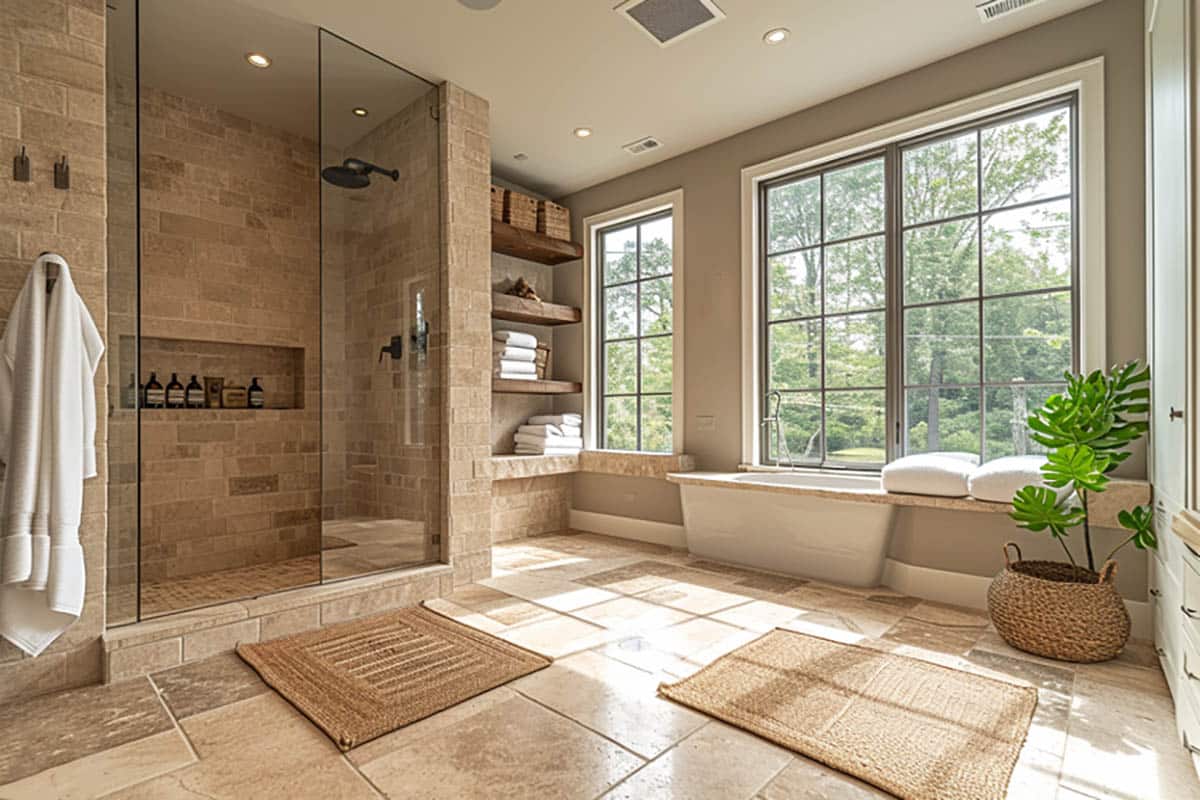 Travertine bathroom with tile shower and floor