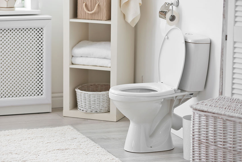 Toilet with laundry basket bathroom shelf