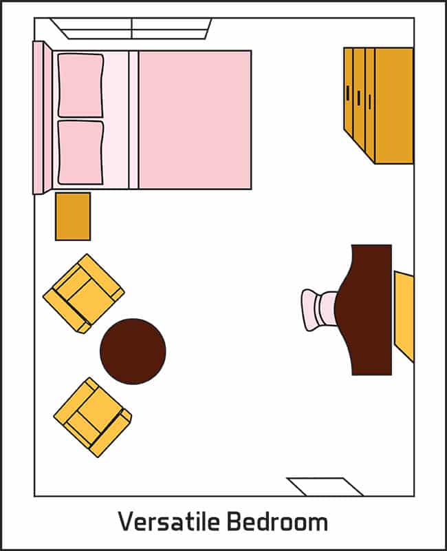 Versatile bedroom layout with desk and seating area