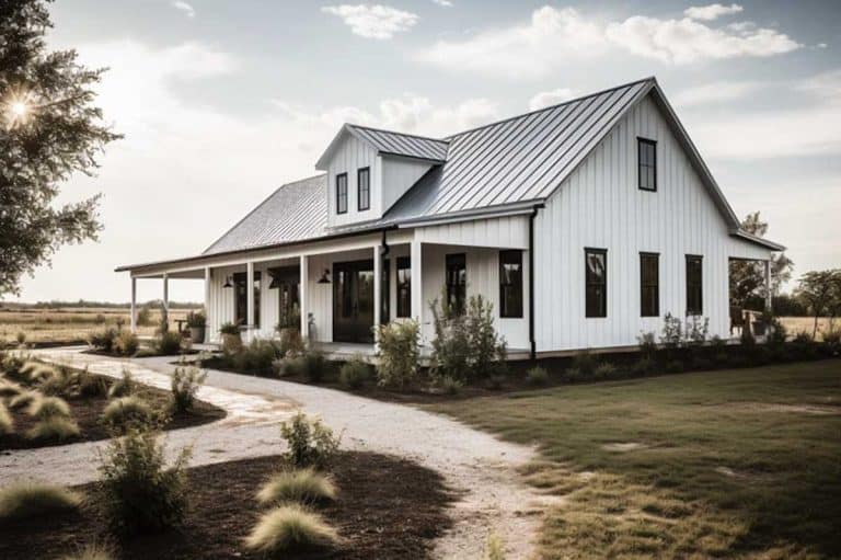 white modern farmhouse barndominium exterior
